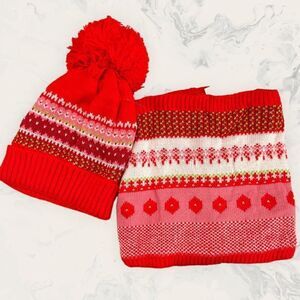 NWT BP Red Pom Pom Beanie and Neck Warmer Set- Red /White - One Size